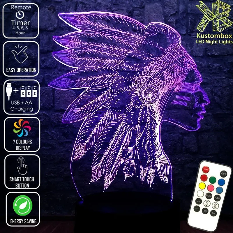 Native American Indian Cheif 3D LED Night Light Lamp