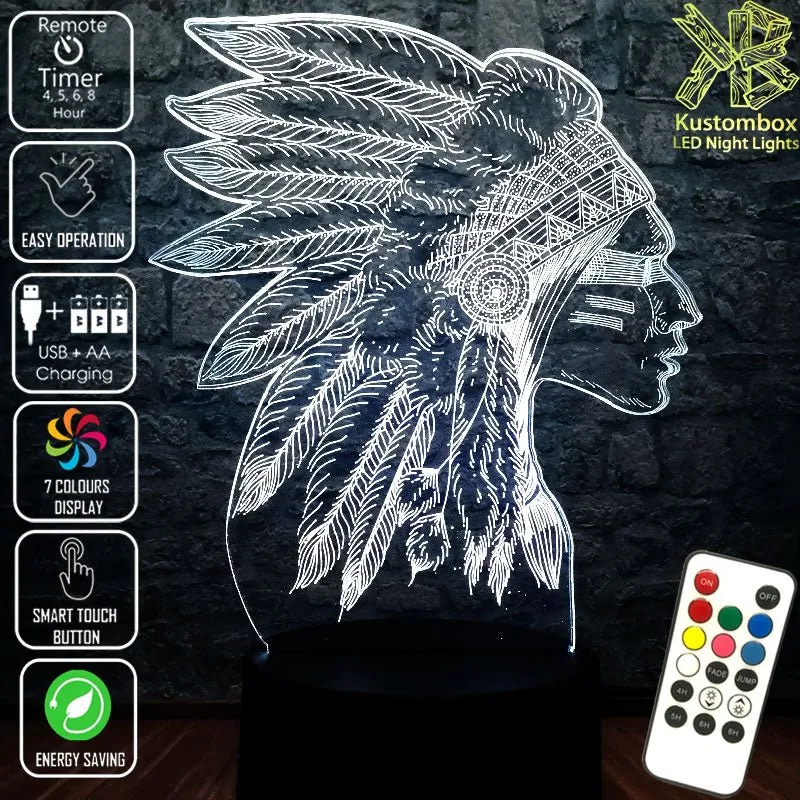 Native American Indian Cheif 3D LED Night Light Lamp