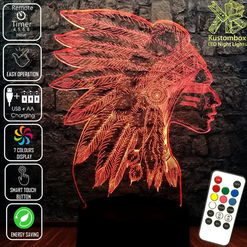 Native American Indian Cheif 3D LED Night Light Lamp