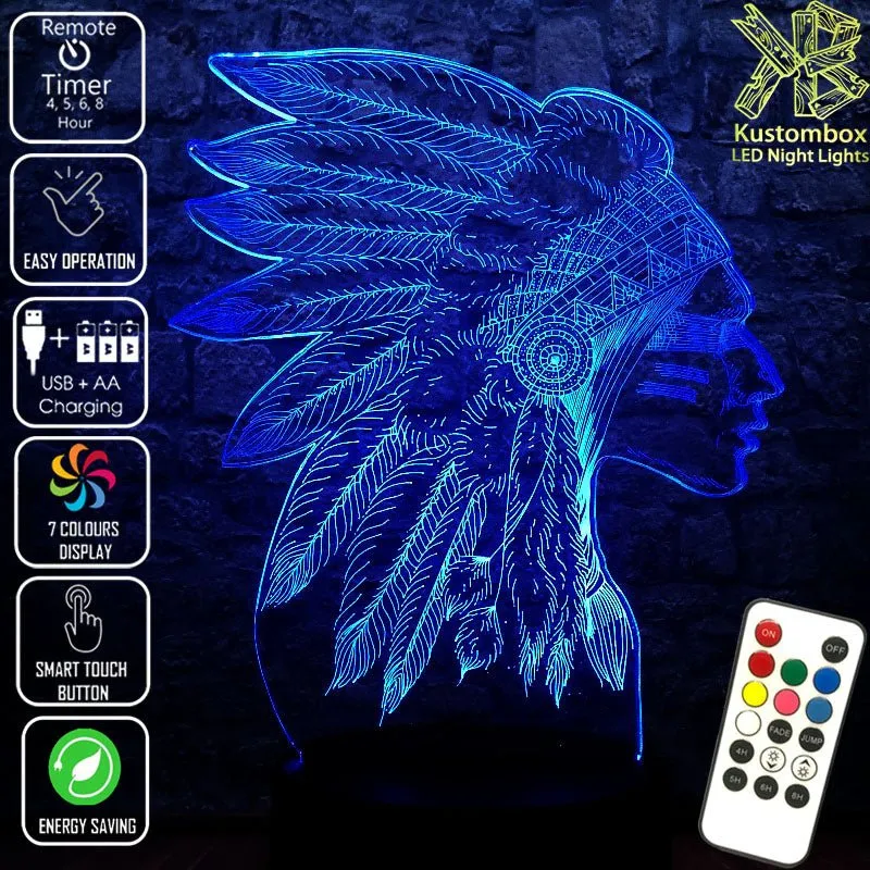 Native American Indian Cheif 3D LED Night Light Lamp