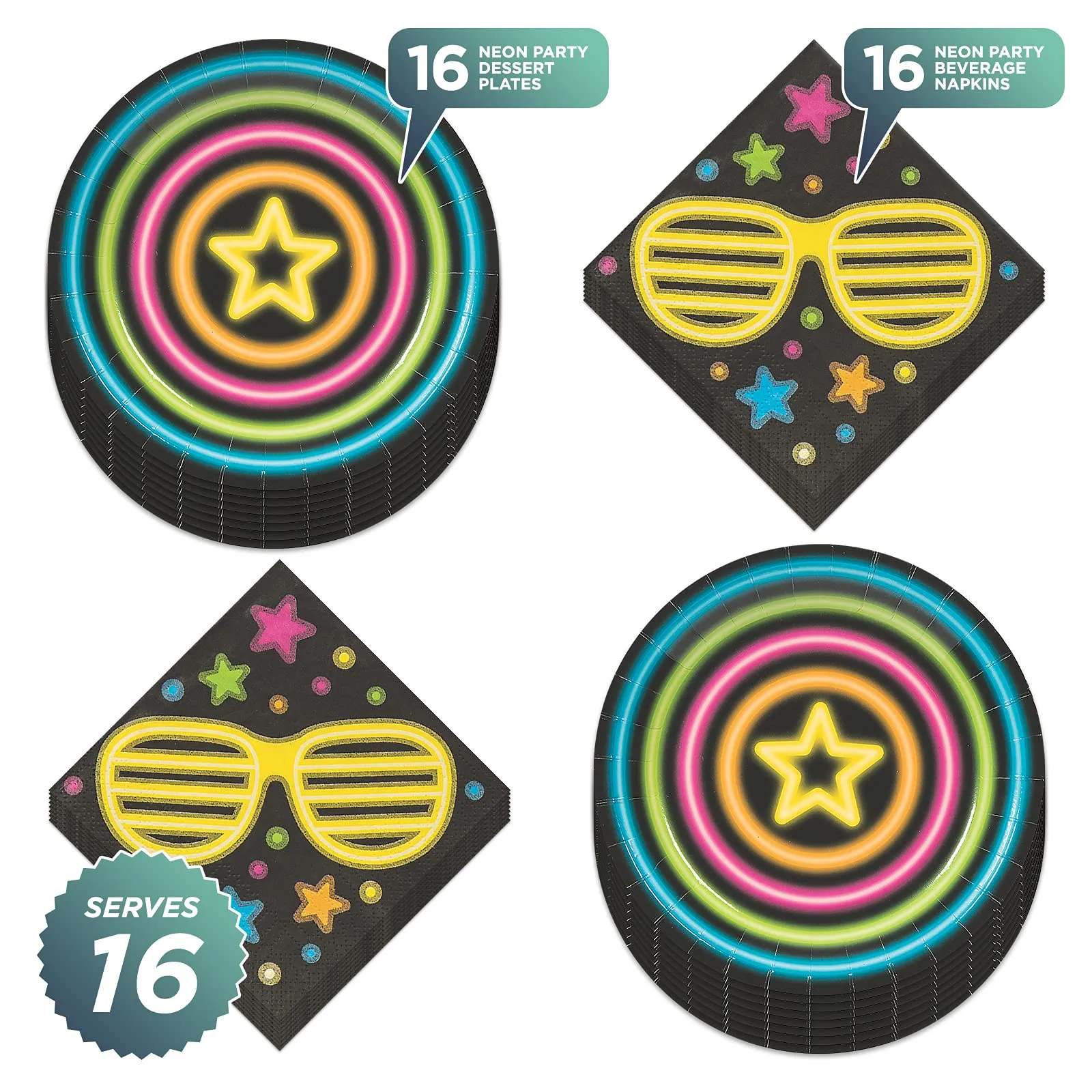 Neon Party Glow Paper Dessert Plates and Beverage Napkins (Serves 16)
