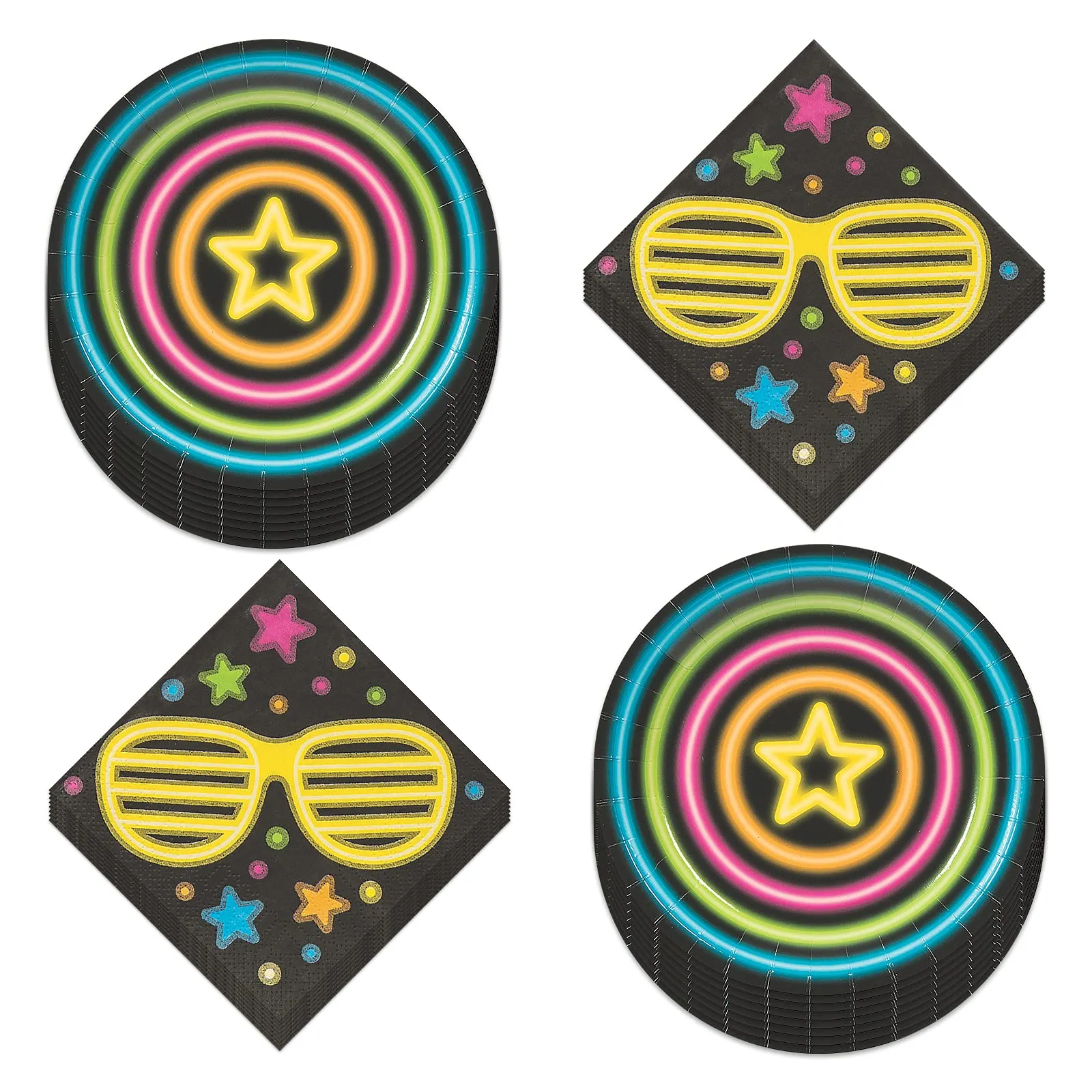 Neon Party Glow Paper Dessert Plates and Beverage Napkins (Serves 16)