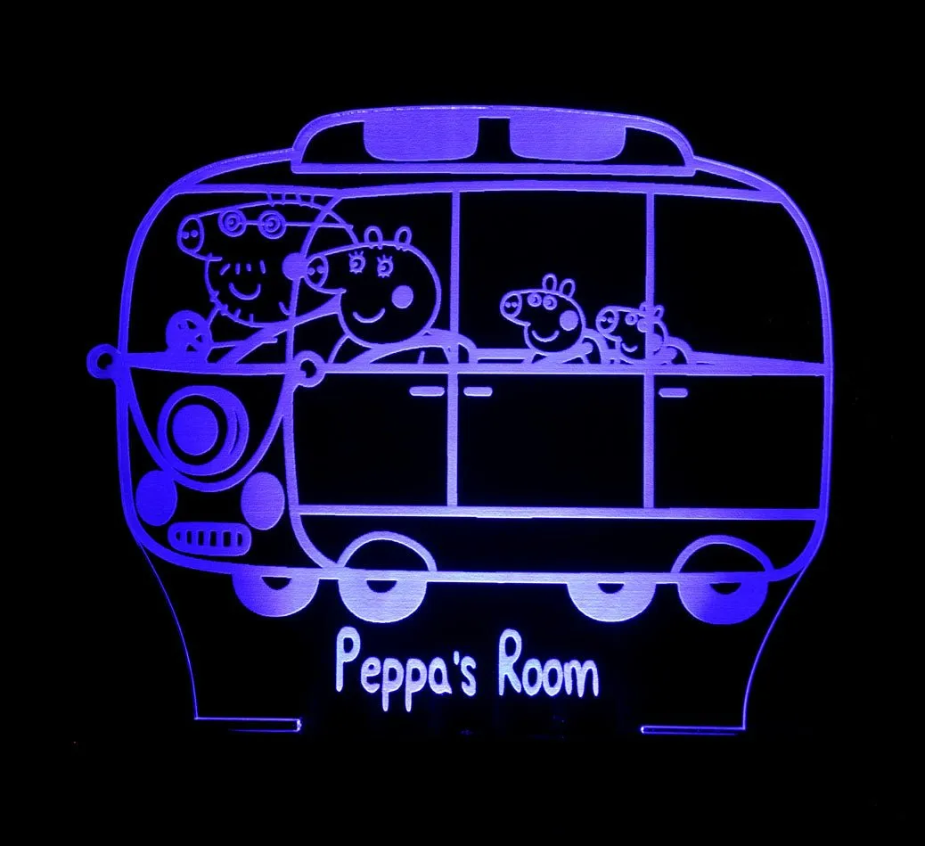 Peppa the Pig  Family Bus Personalised Name 3D LED Night Light Lamp