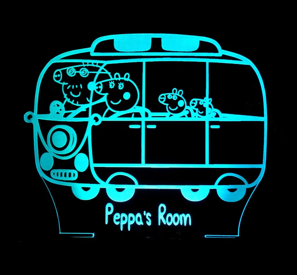 Peppa the Pig  Family Bus Personalised Name 3D LED Night Light Lamp