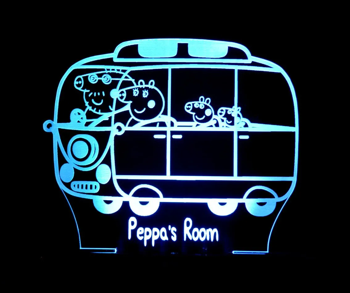 Peppa the Pig  Family Bus Personalised Name 3D LED Night Light Lamp