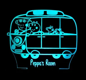 Peppa the Pig  Family Bus Personalised Name 3D LED Night Light Lamp