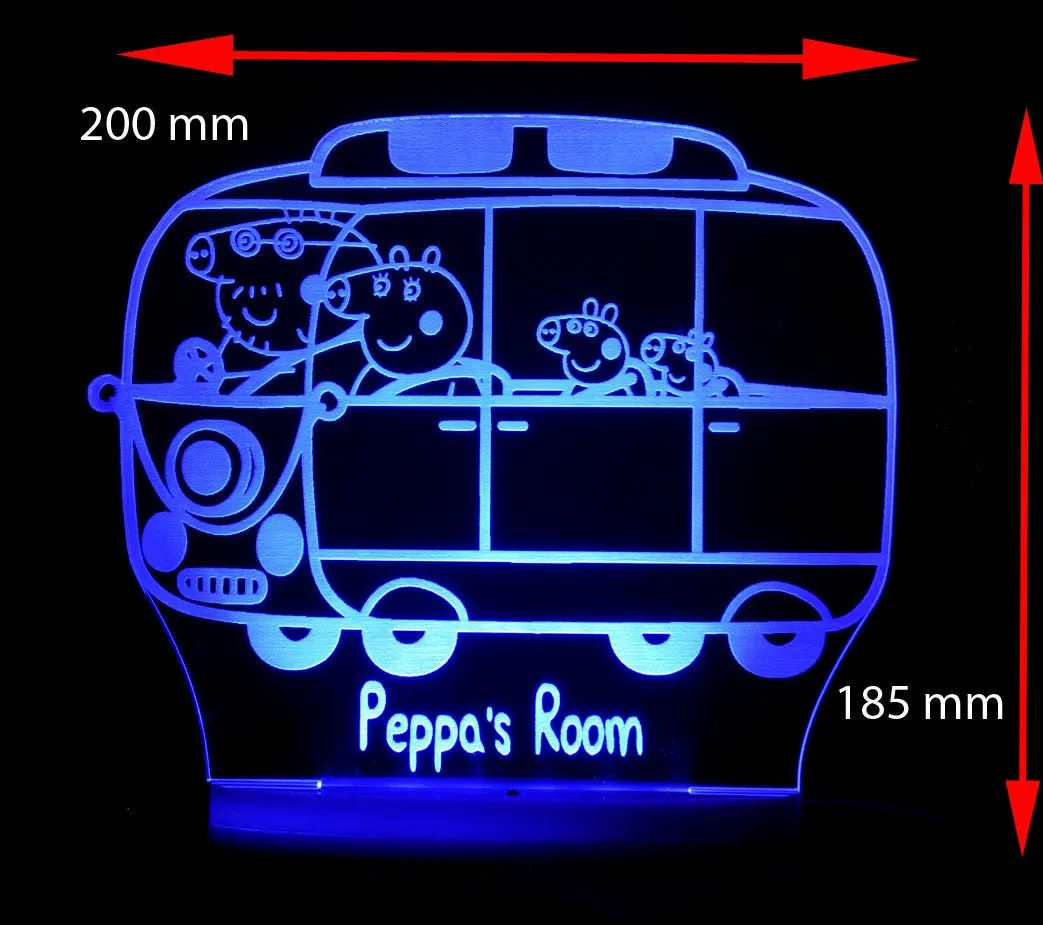 Peppa the Pig  Family Bus Personalised Name 3D LED Night Light Lamp