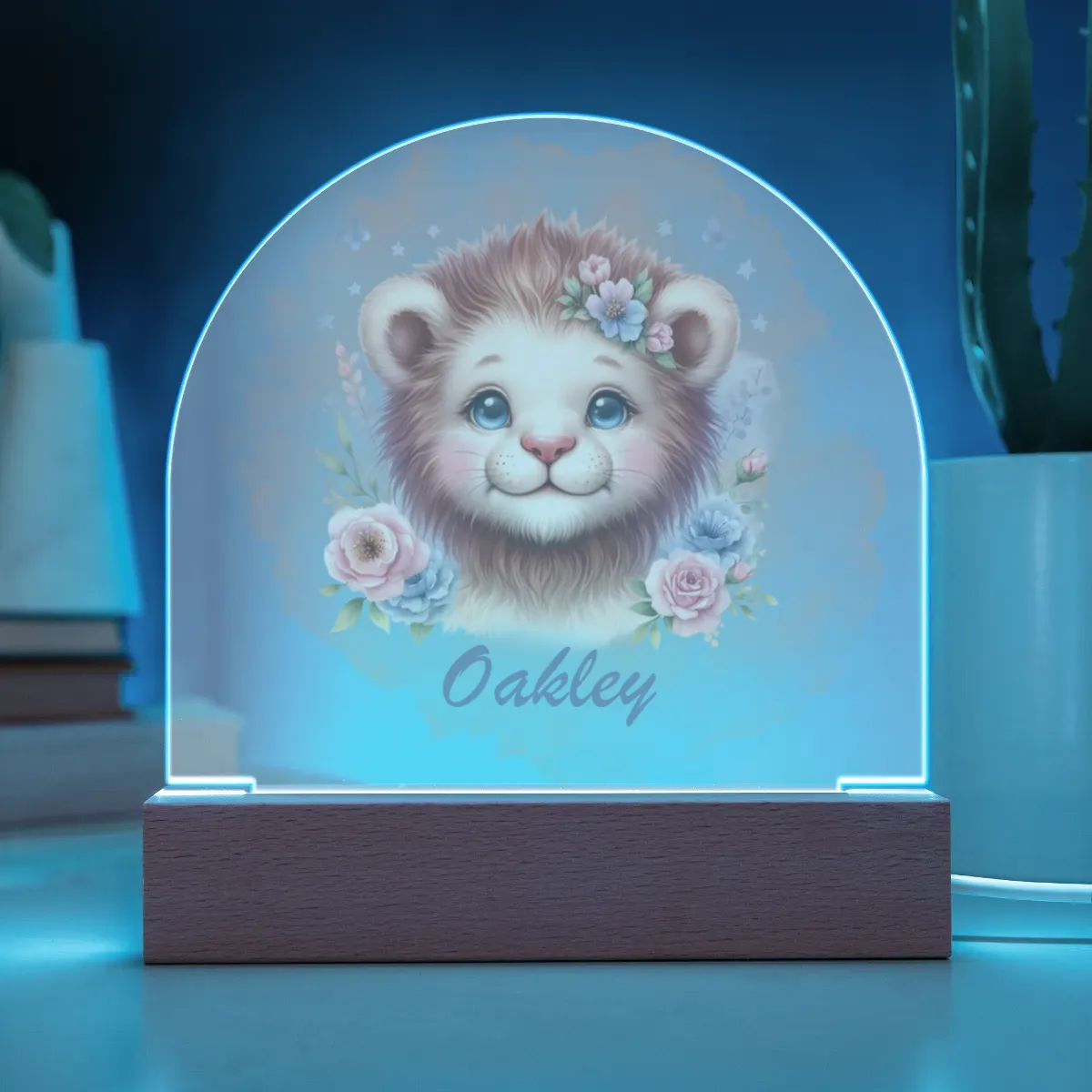 Personalised Lion Acrylic Dome Plaque Wooden Base Night Light