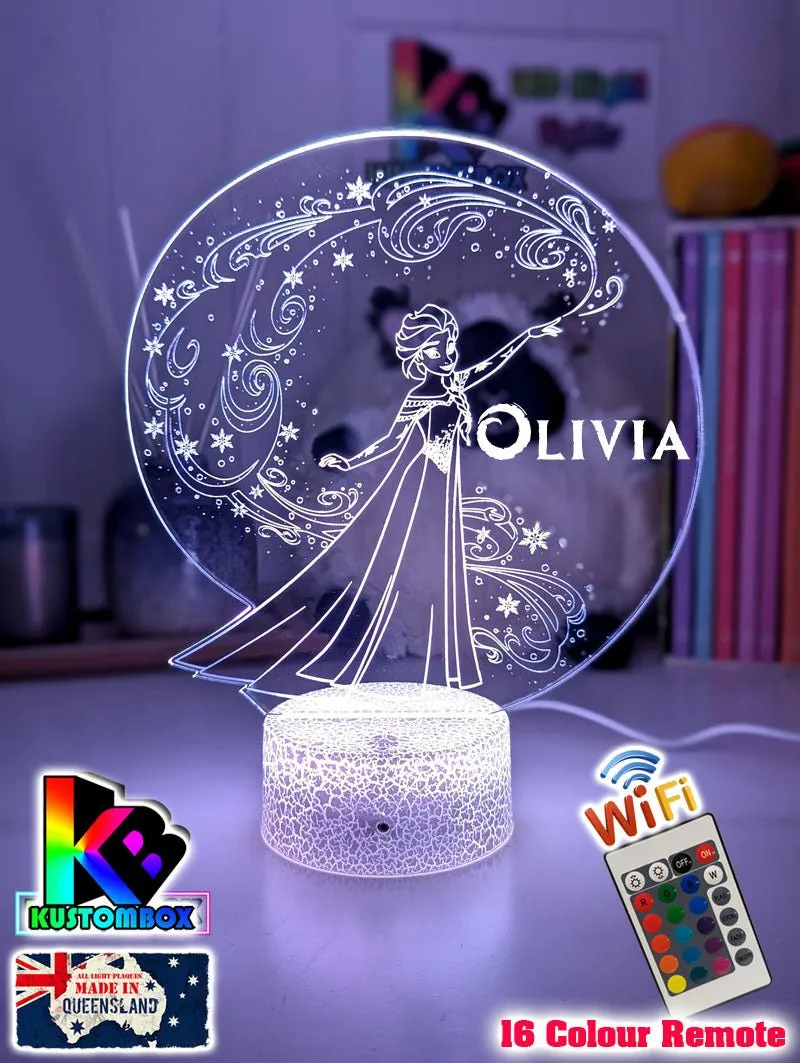 Personalised Name Elsa Snow Swirl Cartoon 3D LED Night Light Lamp