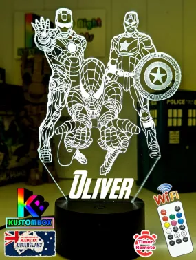 Personalised Name Iron, Spider Man, Captain America Super Hero 3D LED Night Light