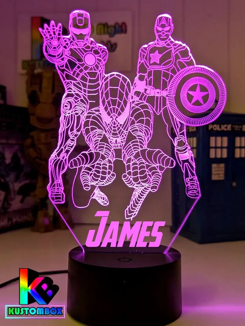 Personalised Name Iron, Spider Man, Captain America Super Hero 3D LED Night Light