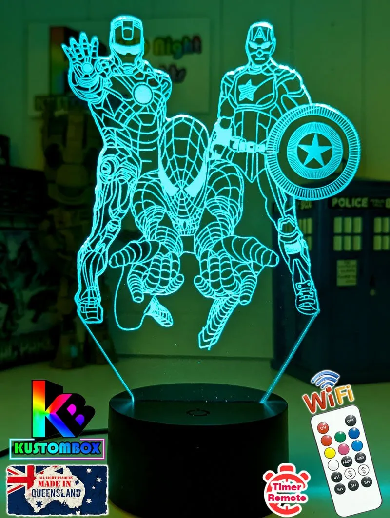 Personalised Name Iron, Spider Man, Captain America Super Hero 3D LED Night Light