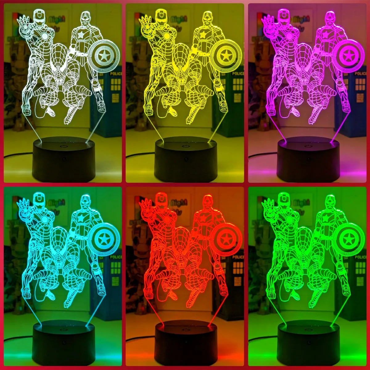 Personalised Name Iron, Spider Man, Captain America Super Hero 3D LED Night Light