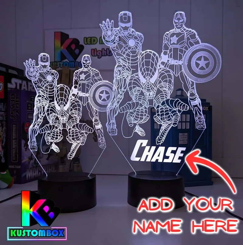 Personalised Name Iron, Spider Man, Captain America Super Hero 3D LED Night Light