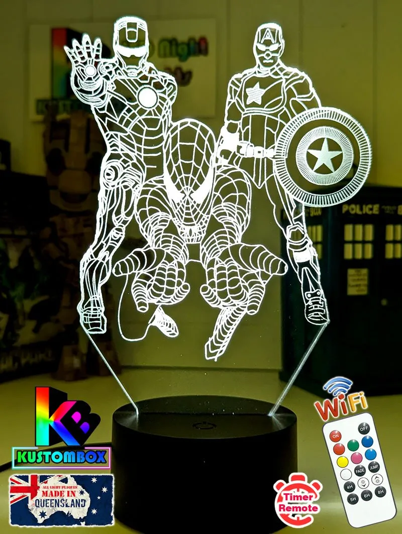 Personalised Name Iron, Spider Man, Captain America Super Hero 3D LED Night Light