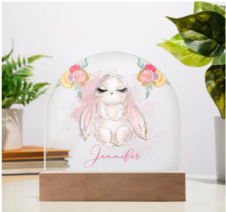 Personalised Rabbit Acrylic Dome Plaque - Wooden Base - Night Light