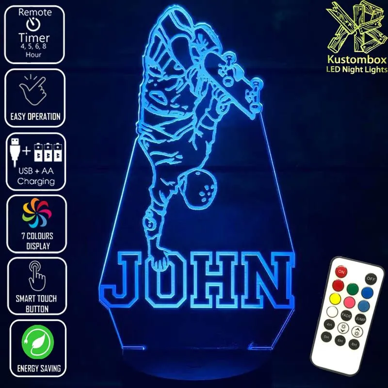 Skate Board Rider Personalised Name 3D LED Night Light Lamp