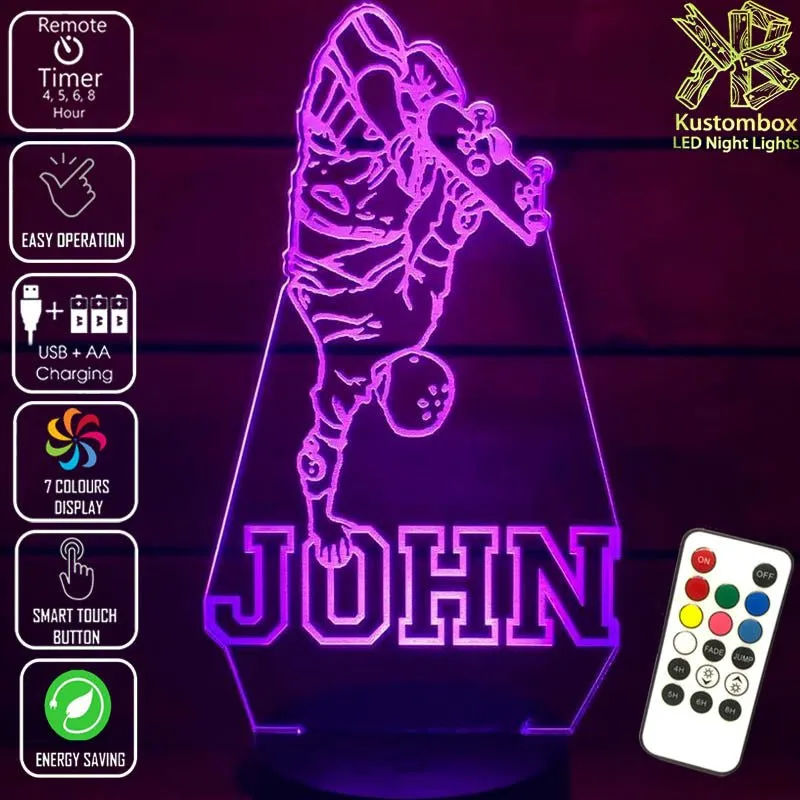 Skate Board Rider Personalised Name 3D LED Night Light Lamp