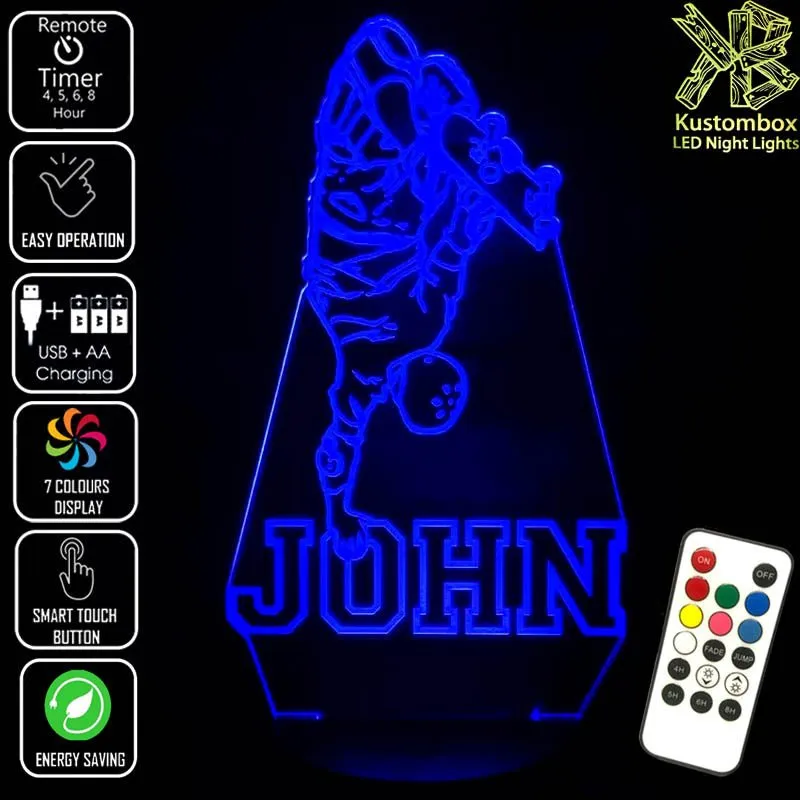 Skate Board Rider Personalised Name 3D LED Night Light Lamp