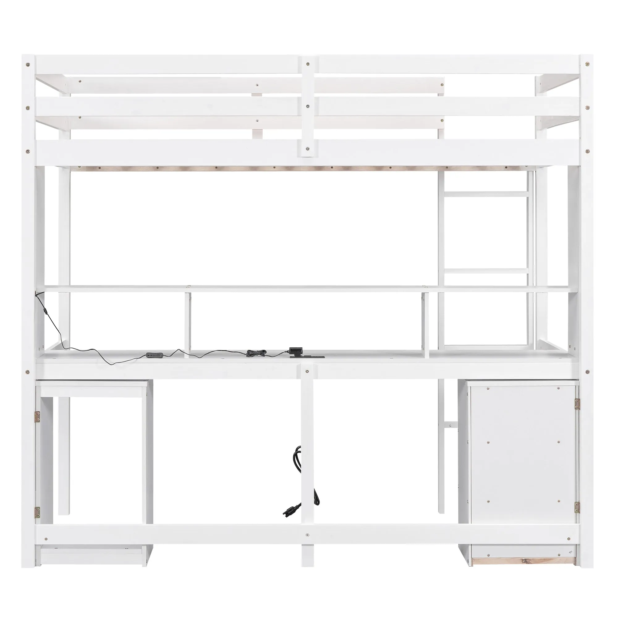 Twin Size Loft Bed with Multi-storage Desk, LED light and Bedside Tray, Charging Station, White