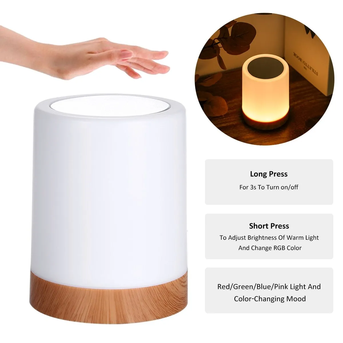 USB Rechargeable Touching Control Bedside Light Dimmable Table Lamp Warm White & RGB Night Light