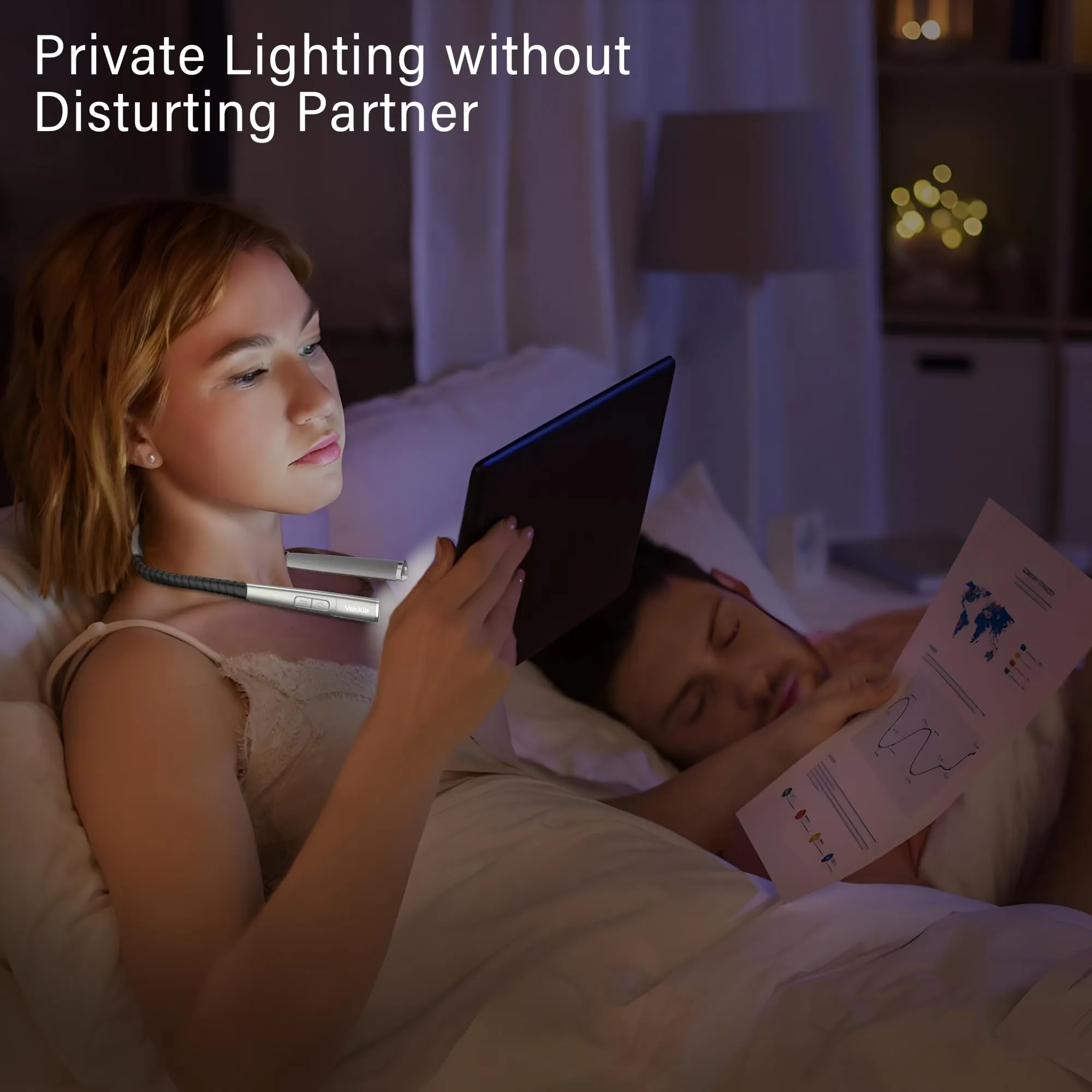 Vekkia Rechargeable LED Neck Reading Light, Book Light for Reading in Bed, 3 Colors & 5 Brightness Adjustable, Long Lasting. Perfect for Reading, Knitting & Repairing